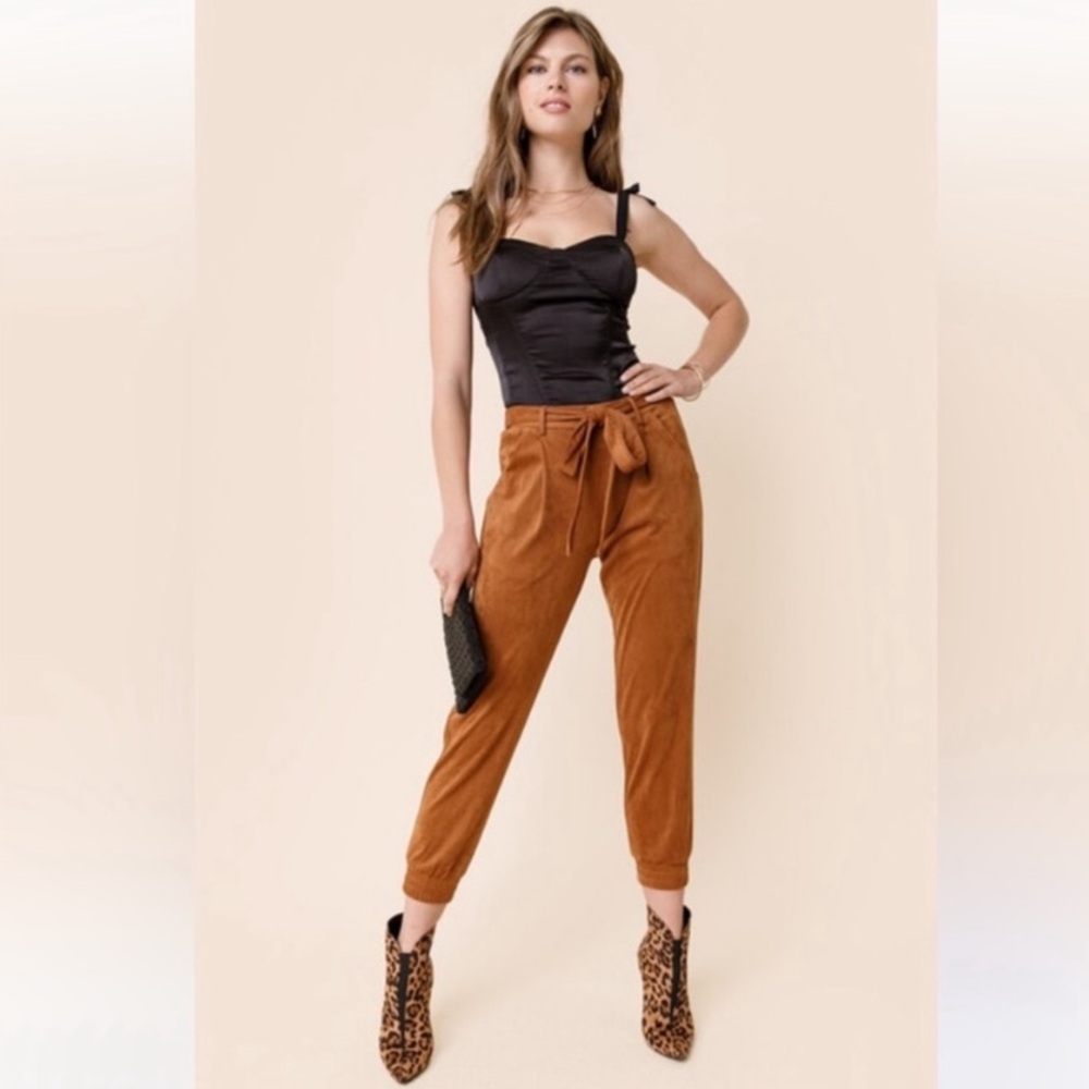 High-Waist Tie Waist Suede Jogger Pants